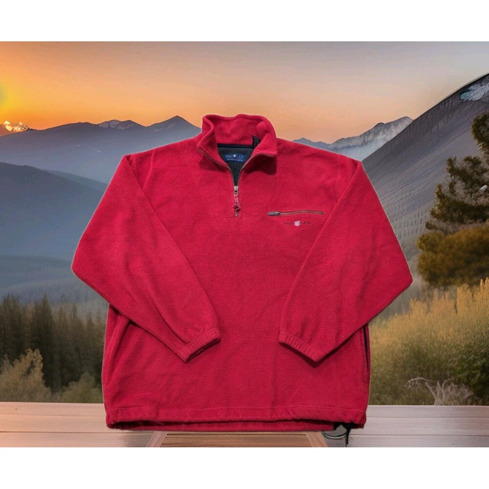 VINTAGE 90'S GANT USA  RUGGER FLEECE PULLOVER RED 1/4 ZIP SZ L- MEASURES XL EUC